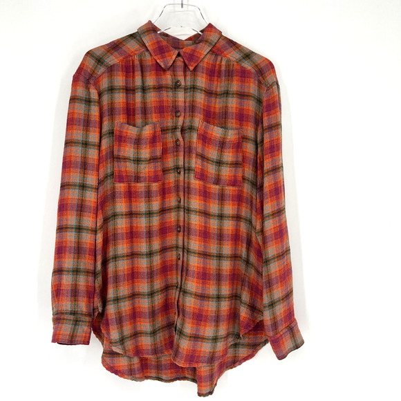 Pilcro Top Womens M Orange Plaid Western Button Up Anthropologie Cowgirl Boho - Picture 1 of 6